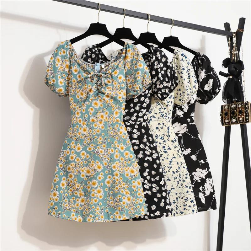 Femmes Mini Robes D'été Mode Femme Robes Imprimé Floral Robes En Mousseline De Soie Fronces Plissée