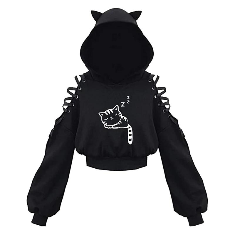 Y2k gothique femmes à capuche chat oreille haut court sweat à capuche évider à lacets à manches long