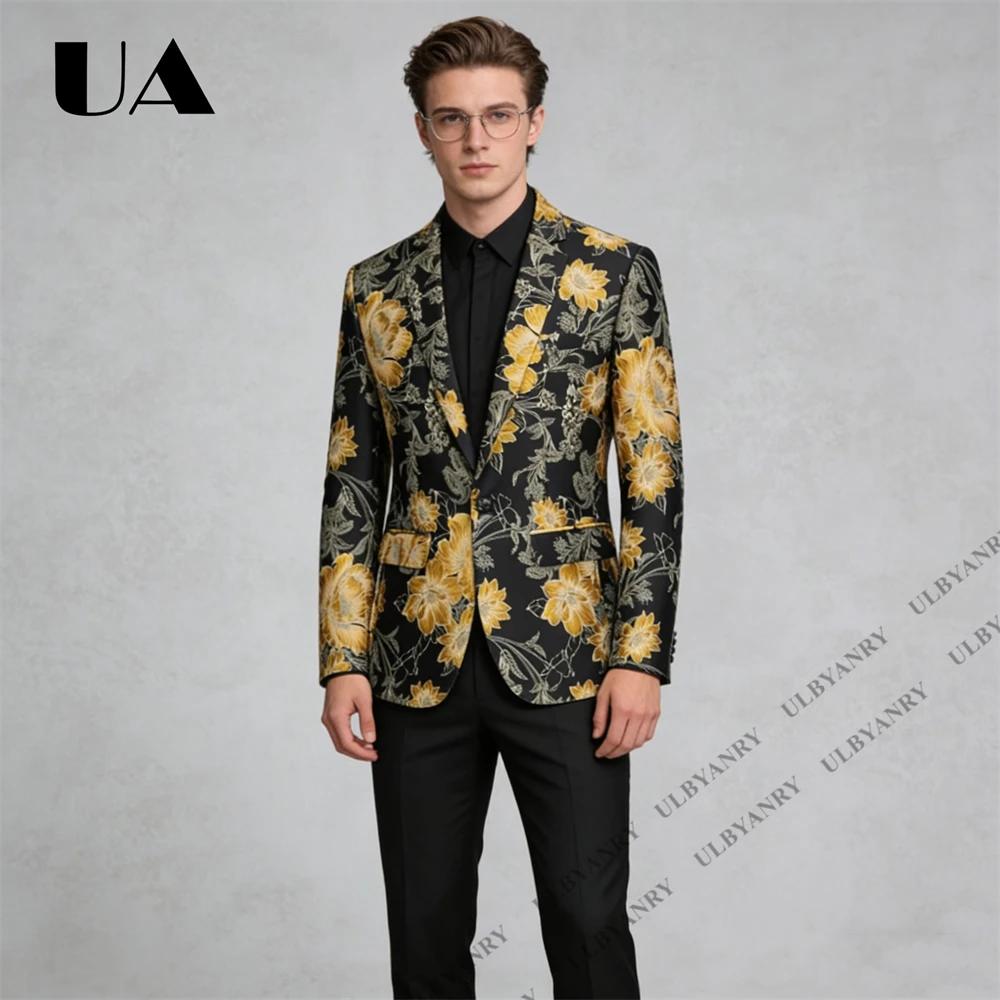 Ensemble de costume pour homme ULBYANRY, motif noir et or, veste formelle à revers cranté avec panta