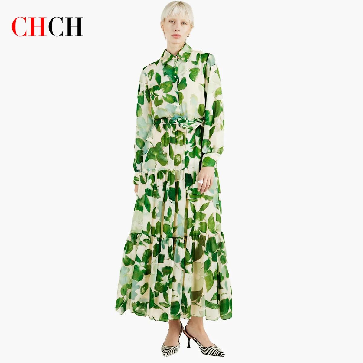 CHCH robe femme 2025 printemps nouveau col à manches longues fleur verte vacances
