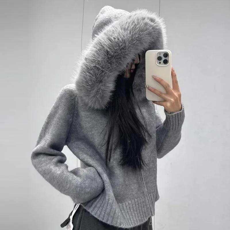 Tricots Cardigan femmes printemps mode tricoté veste femme automne à capuche réel manteau de fourrur