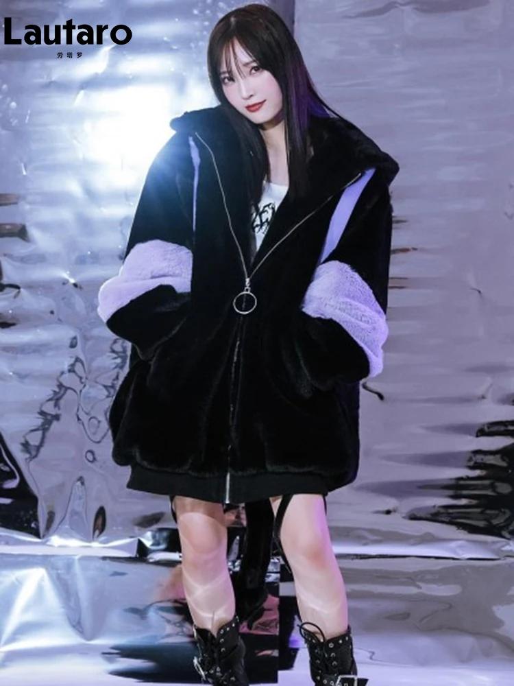 Lautaro automne hiver surdimensionné couleur bloc fausse fourrure manteau femmes Harajuku Kawaii dou
