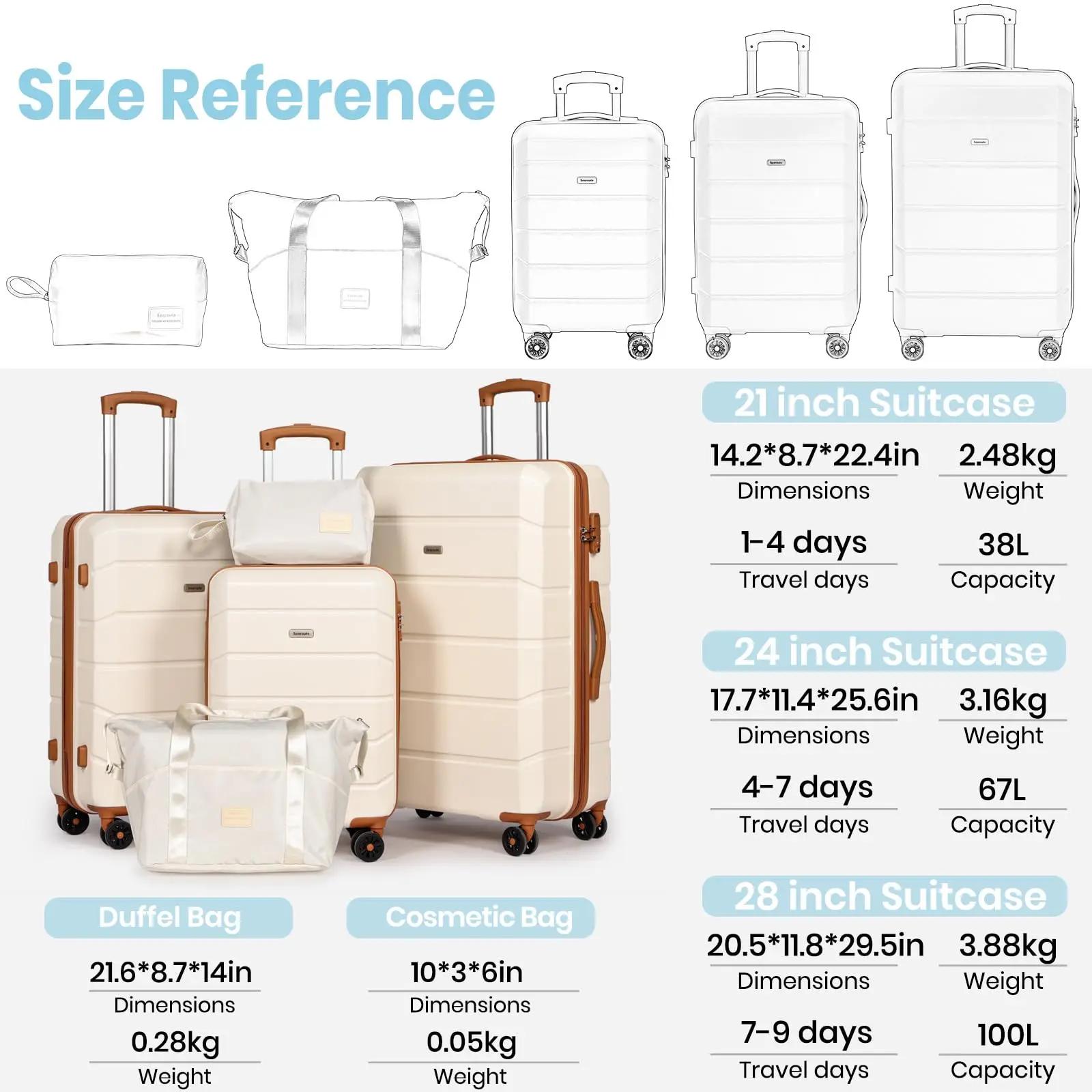 Ensemble de bagages 5 pièces, valises de voyage légères à roulettes en ABS rigide, 21" + 24" + 28" +