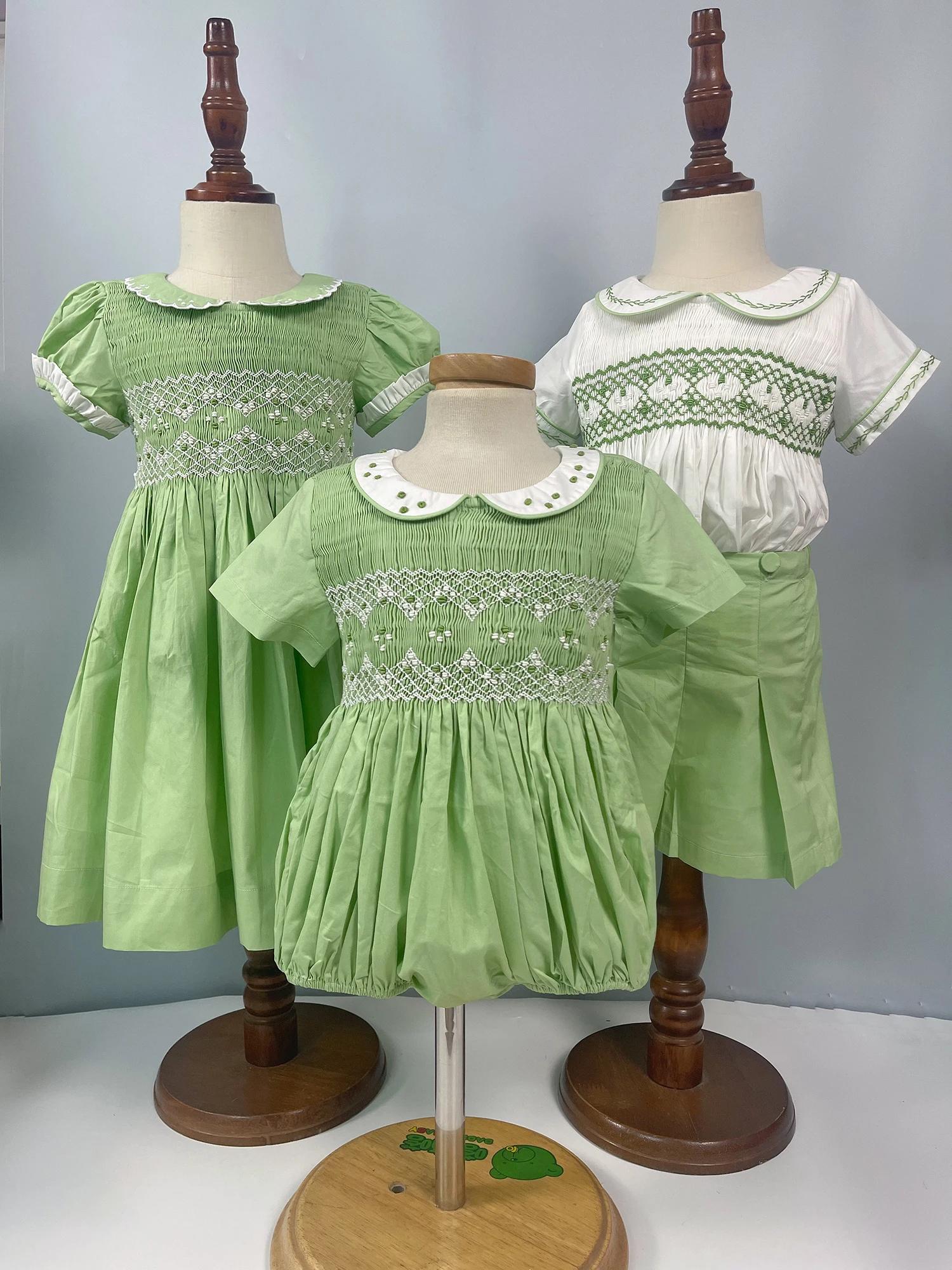 Robe à smocks faite à la main avec broderie, vêtements d'été en coton vert, vêtements de performance