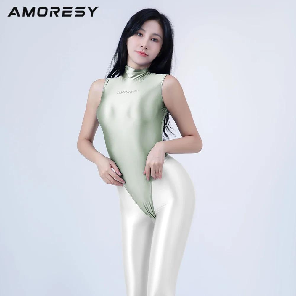 Maillot de bain une pièce brillant AMORESY - Body sans manches col montant string extra haute fermeture éclair dos