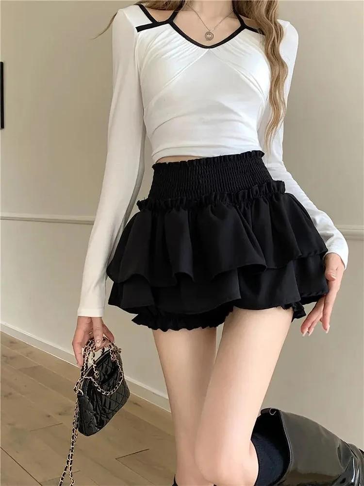 Mini-jupe mignonne et sexy style Balletcore, taille haute élastique, jupe courte Lolita à volants et