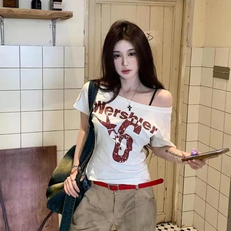 Y2k Sport été épaules dénudées haut femmes Sexy Vintage années 2000 à manches courtes t-shirt dame c