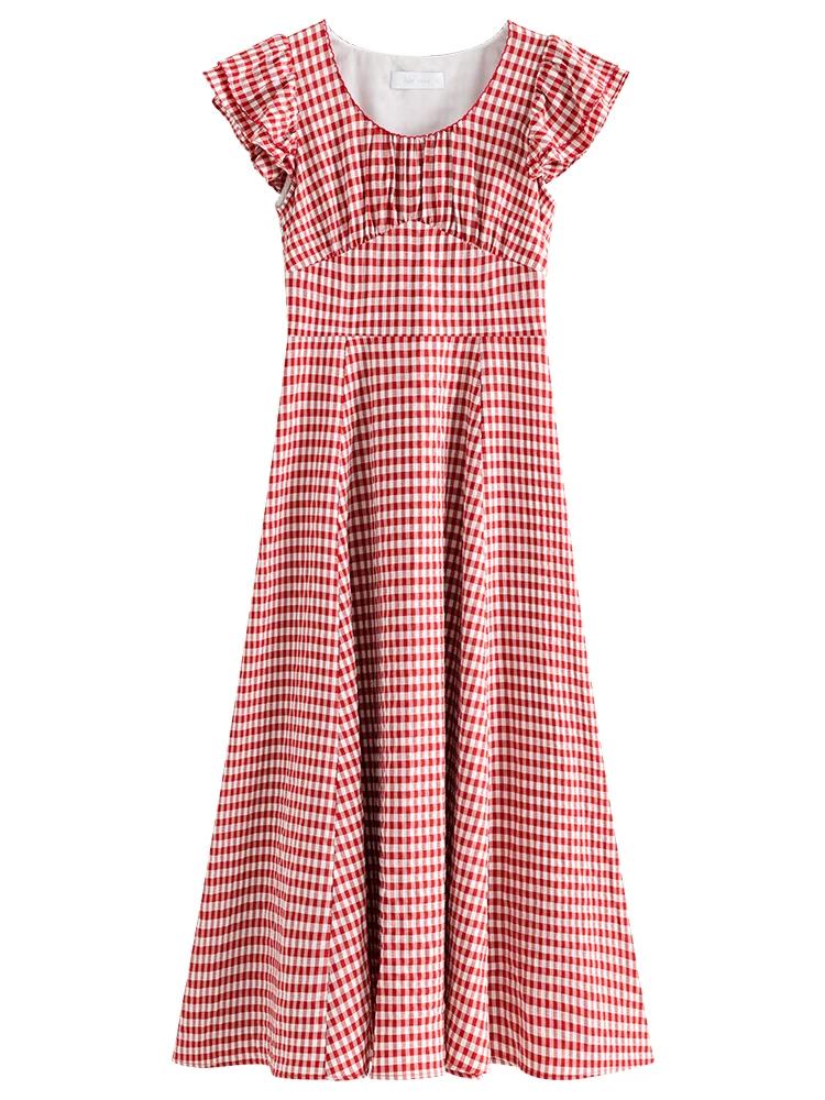 FSLE-Robe longue rouge à carreaux, taille haute, pour femme, tenue élégante et romantique, nouvelle