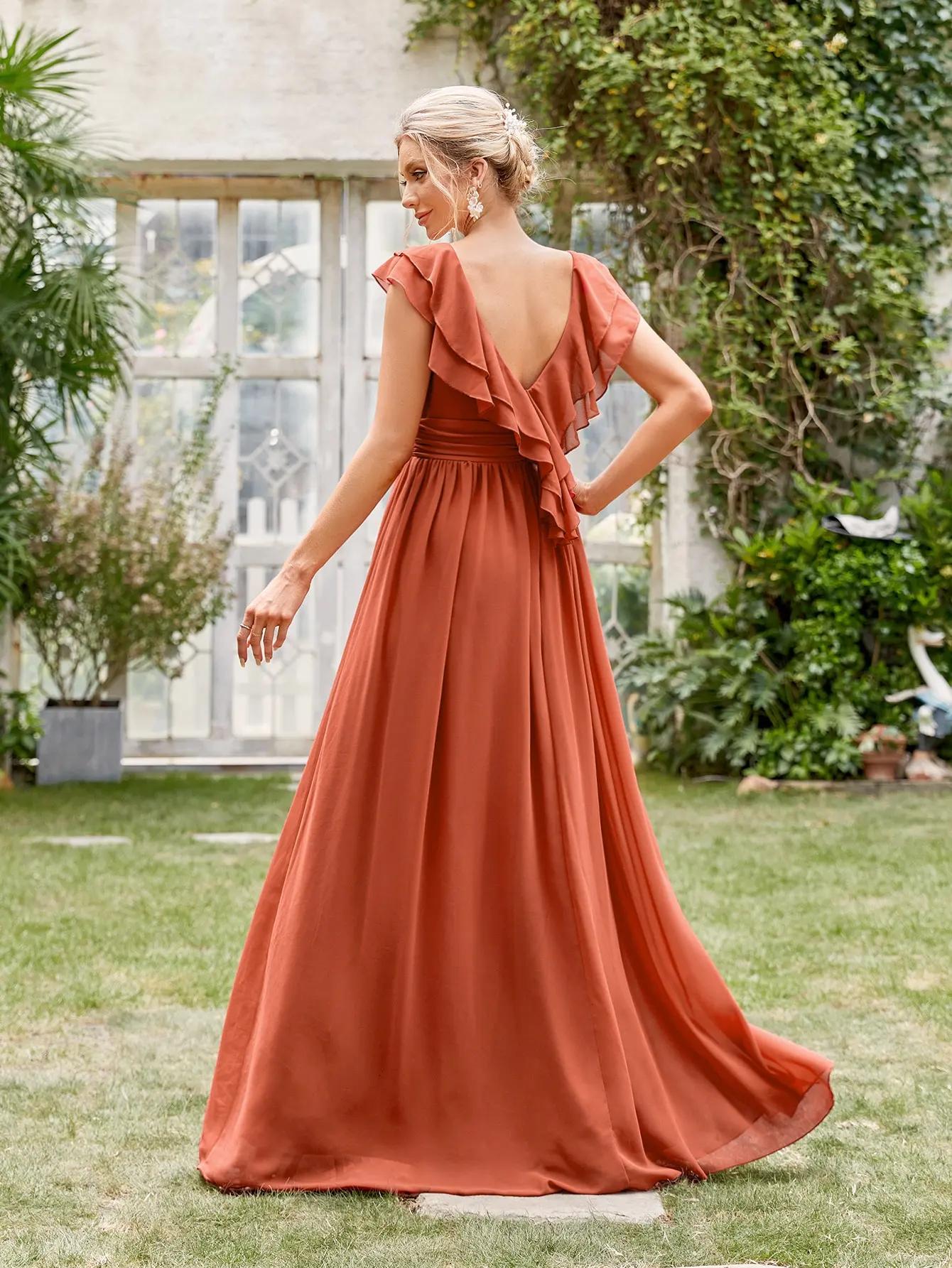 Mgiacy col en v manches courtes à volants dentelle robe de soirée Extra longue robe de bal robe de s