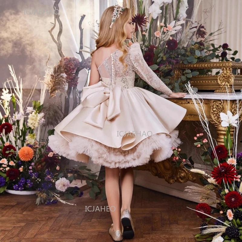 Robe de princesse à paillettes pour filles, asymétrique épaule dénudée, robe bouffante pour enfants,