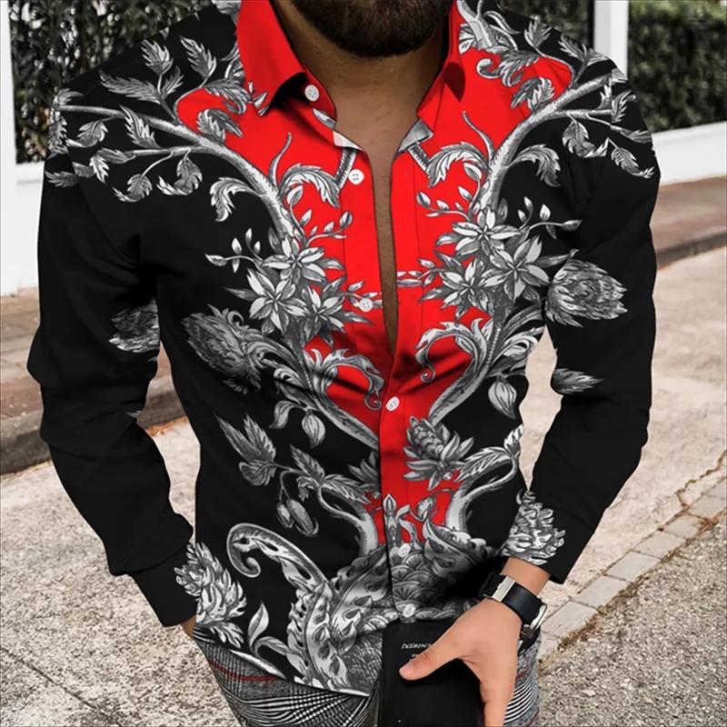 Chemise à manches longues à motif floral pour hommes, chemise imprimée en 3D, costume à revers, robe