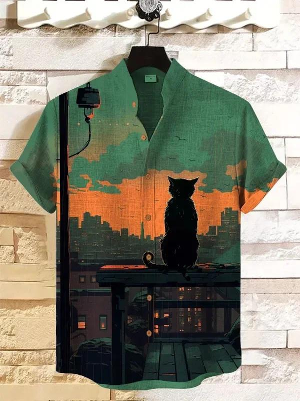 Été hommes rétro dessin animé Anime chat thème chemise à manches courtes à manches courtes hauts mod