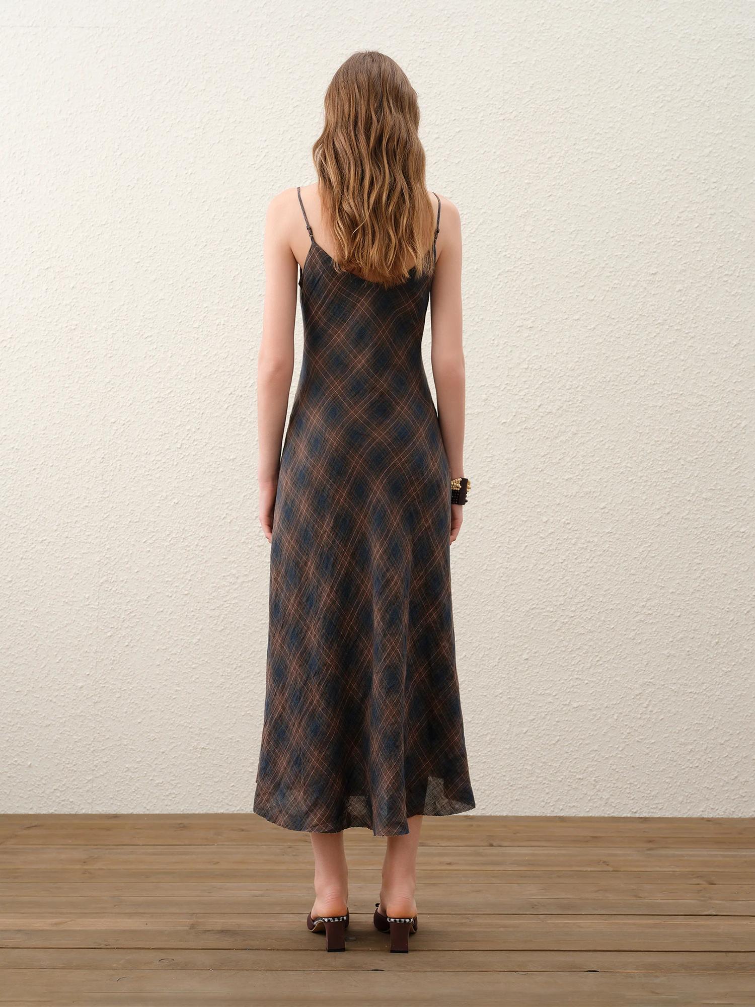 FSLE 【Série Premium】 Robe longue ajustée en lin à col en V et à carreaux rétro pour femme, nouvelle