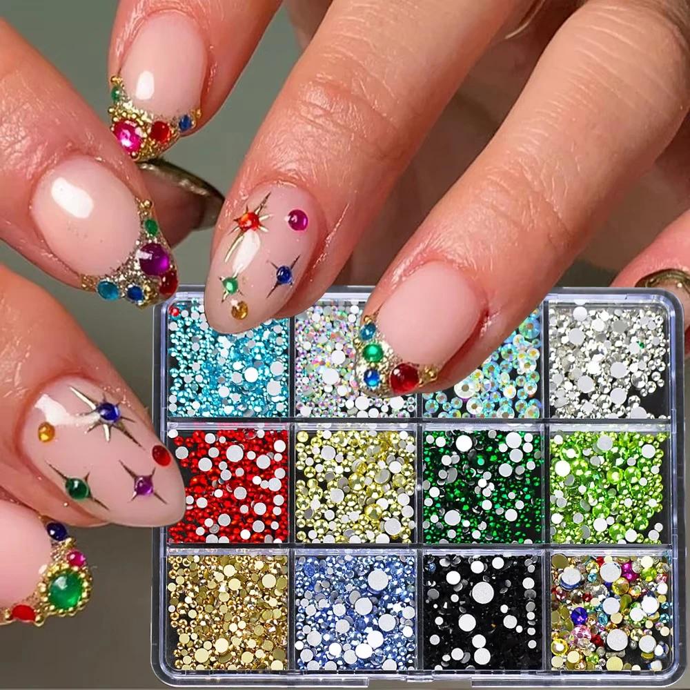 Breloques pour ongles en strass colorés scintillants, 12 grilles/1 boîte, 1-5mm, Mini AB/couleur rou