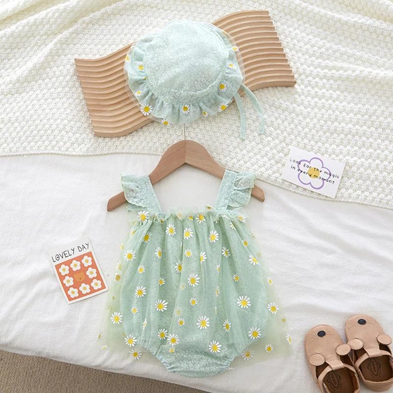 Vêtements d'été pour bébés filles, combinaison + chapeau, manches volantes, impression en coton, mai