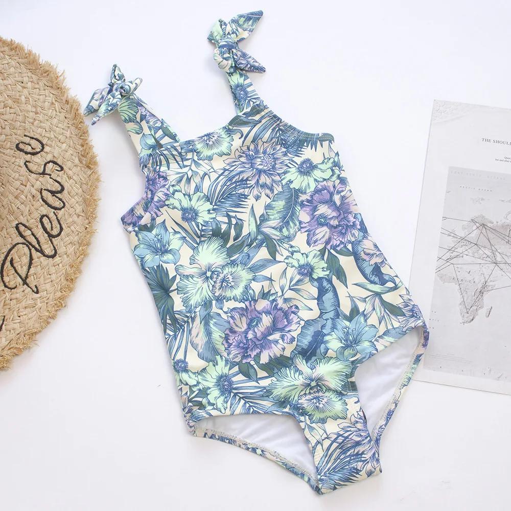 Été fleur imprimé filles enfants une pièce maillots de bain maillot de bain nœud déco enfants plage