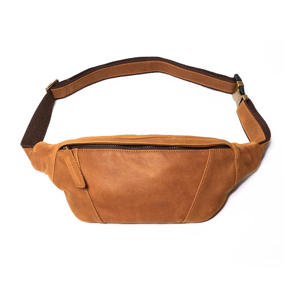Sac banane en cuir Crazy Horse pour homme, sacoche de poitrine en cuir véritable, pochette de téléph