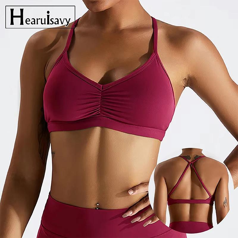 Soutien-gorge de sport sexy froncé pour femme, haut de gym, haut de course à dos croisé, vêtements d