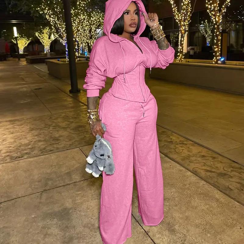 Streetwear décontracté survêtement femme deux pièces ensemble sport fermeture éclair à capuche à lac