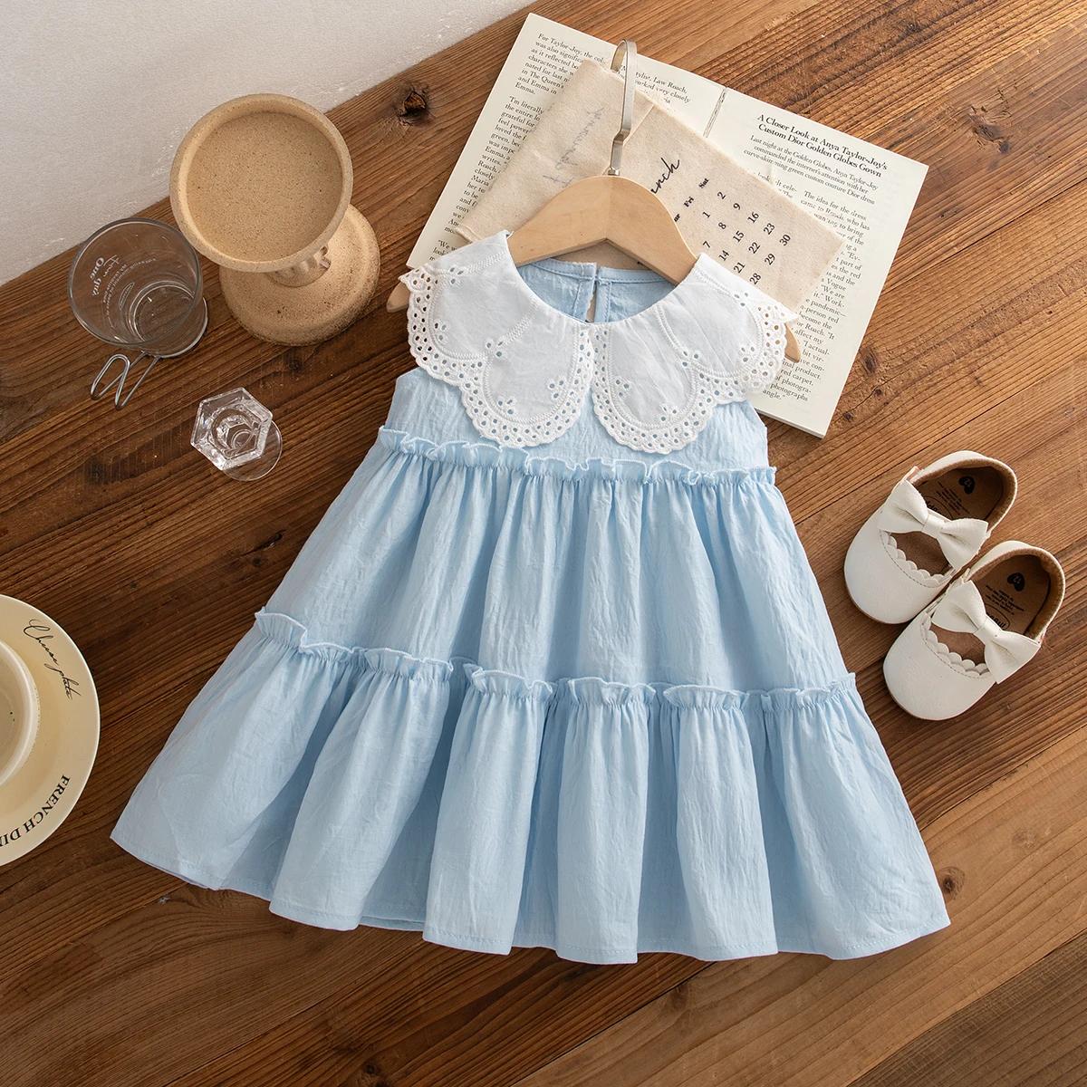 Vêtements d'été en coton pour petites filles, couleur unie, sans manches, à revers, robes de plage m