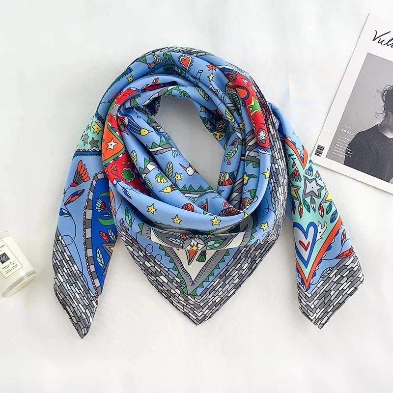 Foulard carré en sergé de soie pour femmes, châles et enveloppes de tête de luxe, imprimé arbre à ch