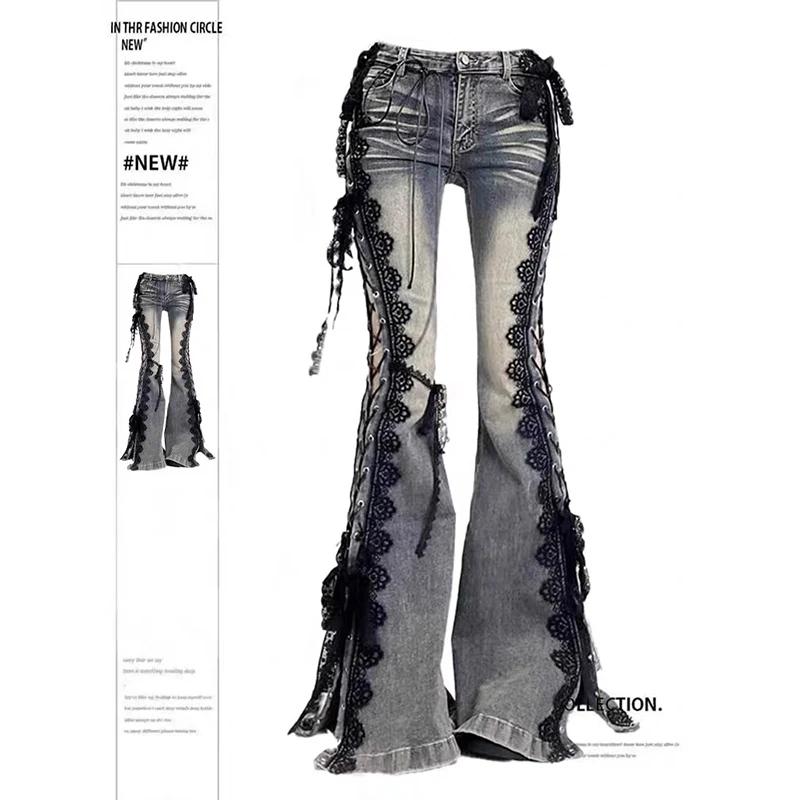 YIBASHU femmes Dark Academia Goblin Core Harajuku Y2K taille basse dentelle jean Abi Denim Flare pan