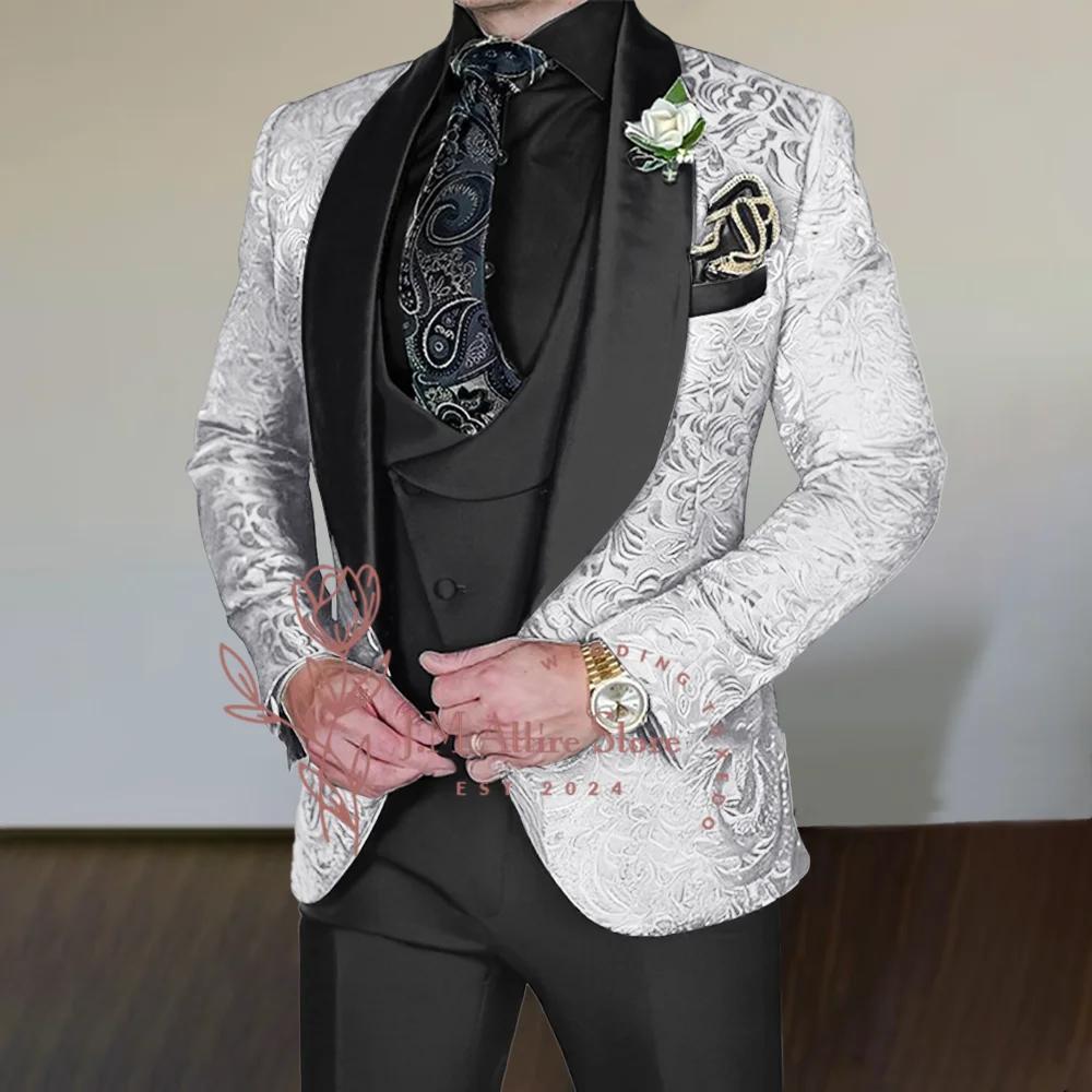 Costume jacquard gris argenté pour hommes, ensemble 3 pièces, veste en satin noir, gilet, pantalon,