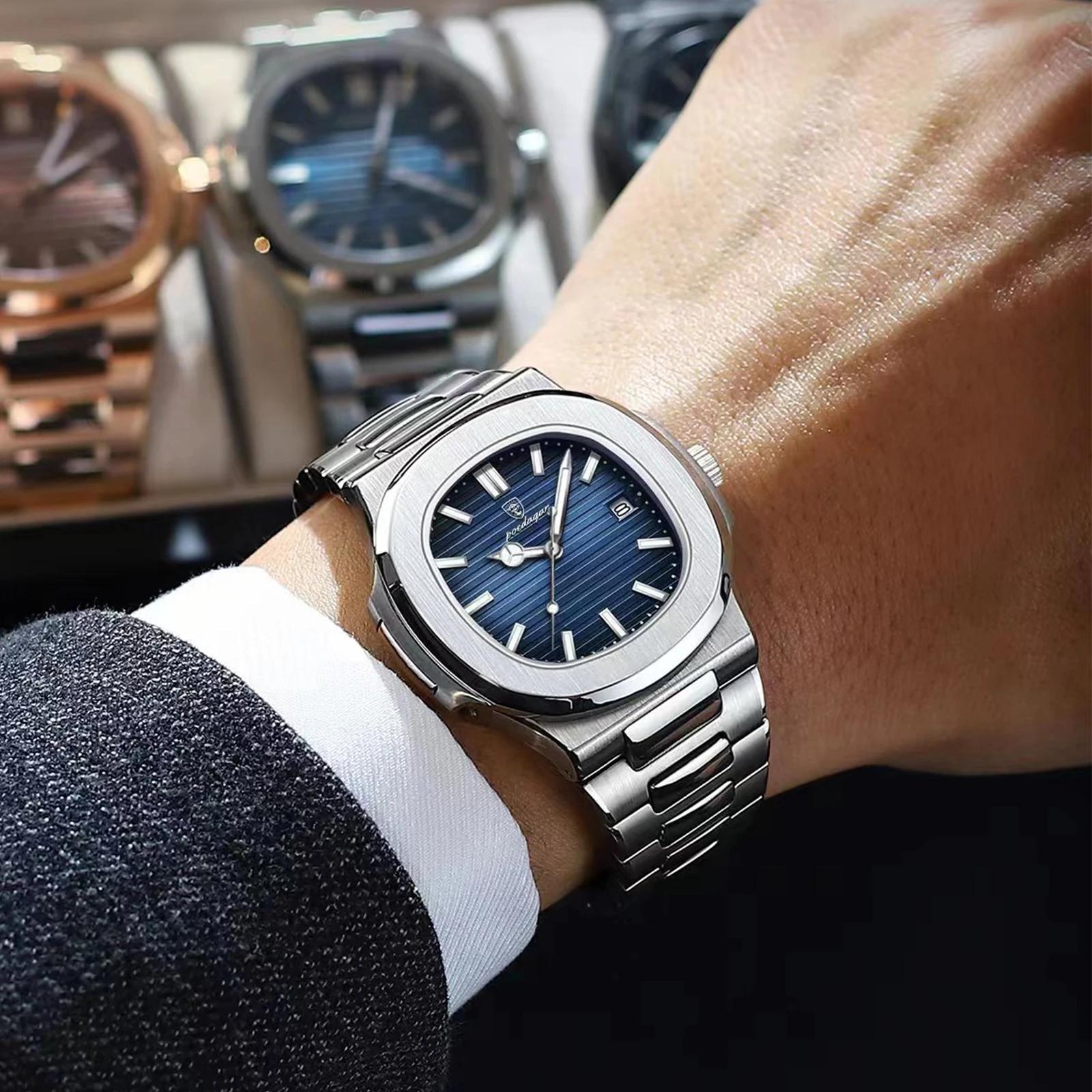 POEDAGAR luxe élégant hommes montres Date lumineux étanche en acier inoxydable homme horloge Origina