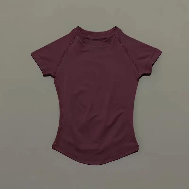 HISTELLO Df Haut de sport uni à manches courtes pour femme, sans couture, pour yoga, fitness, gym, j