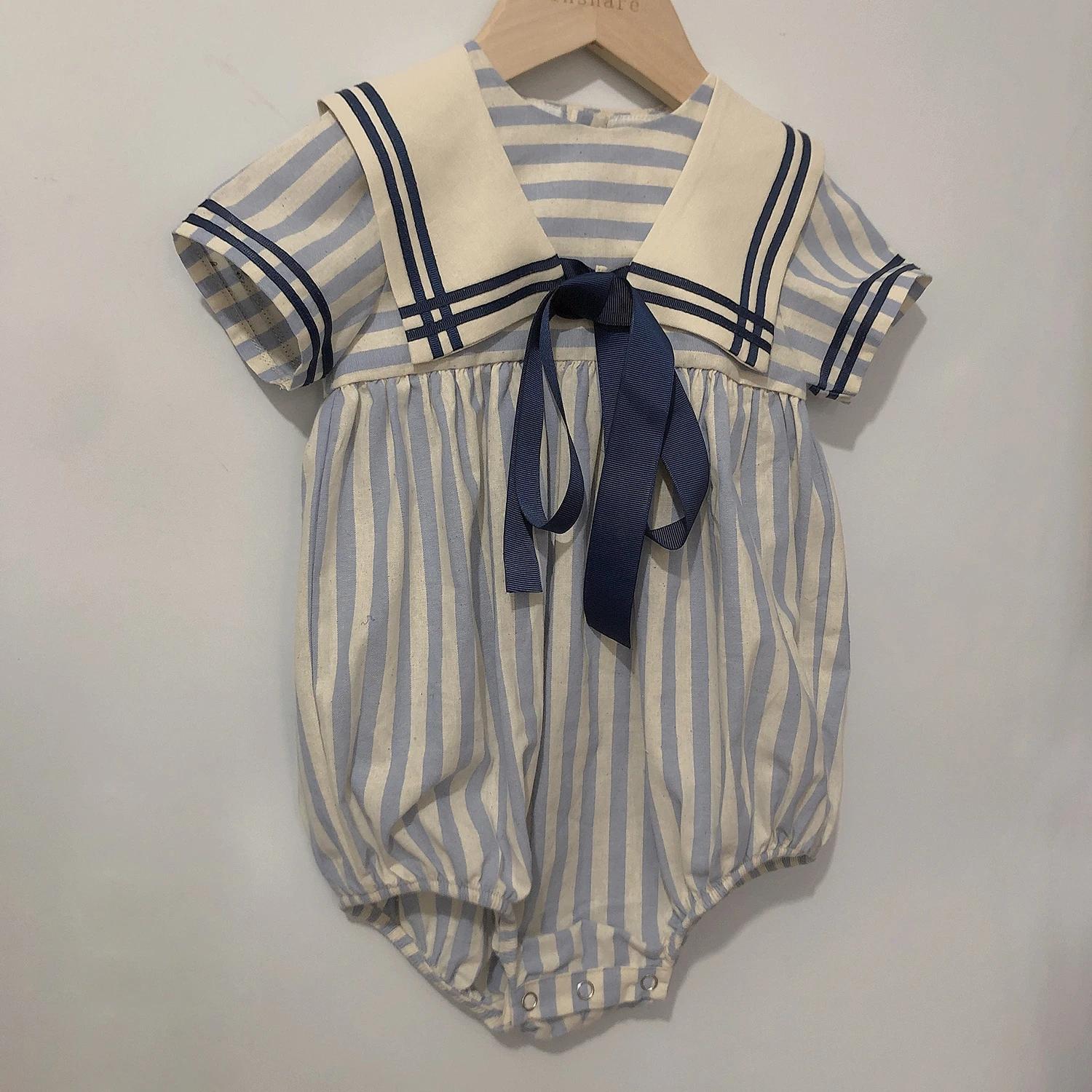 Vêtements Boutique pour bébés garçons et filles, barboteuse à rayures bleues et bleu marine, tenue V