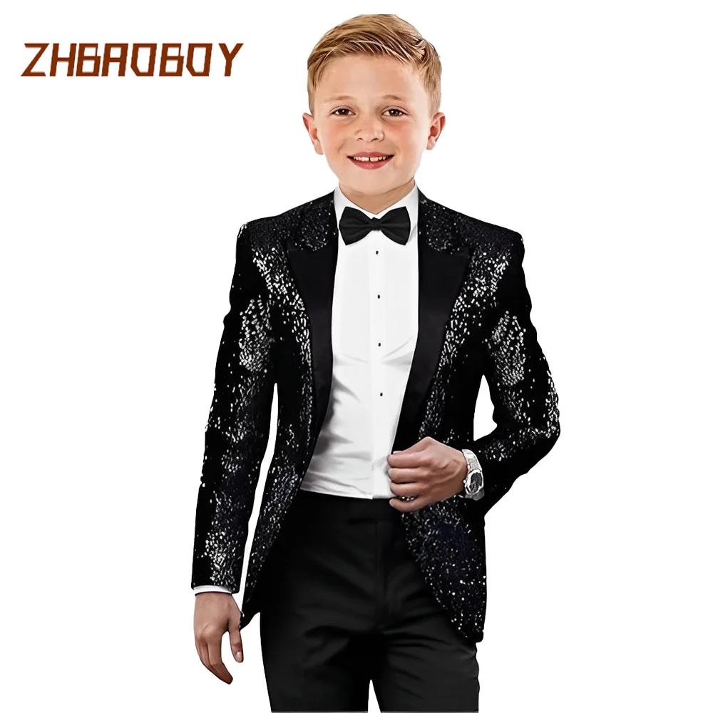 Costumes de smoking pour enfants, 2 pièces, à paillettes, coupe cintrée, vêtements formels, fête de