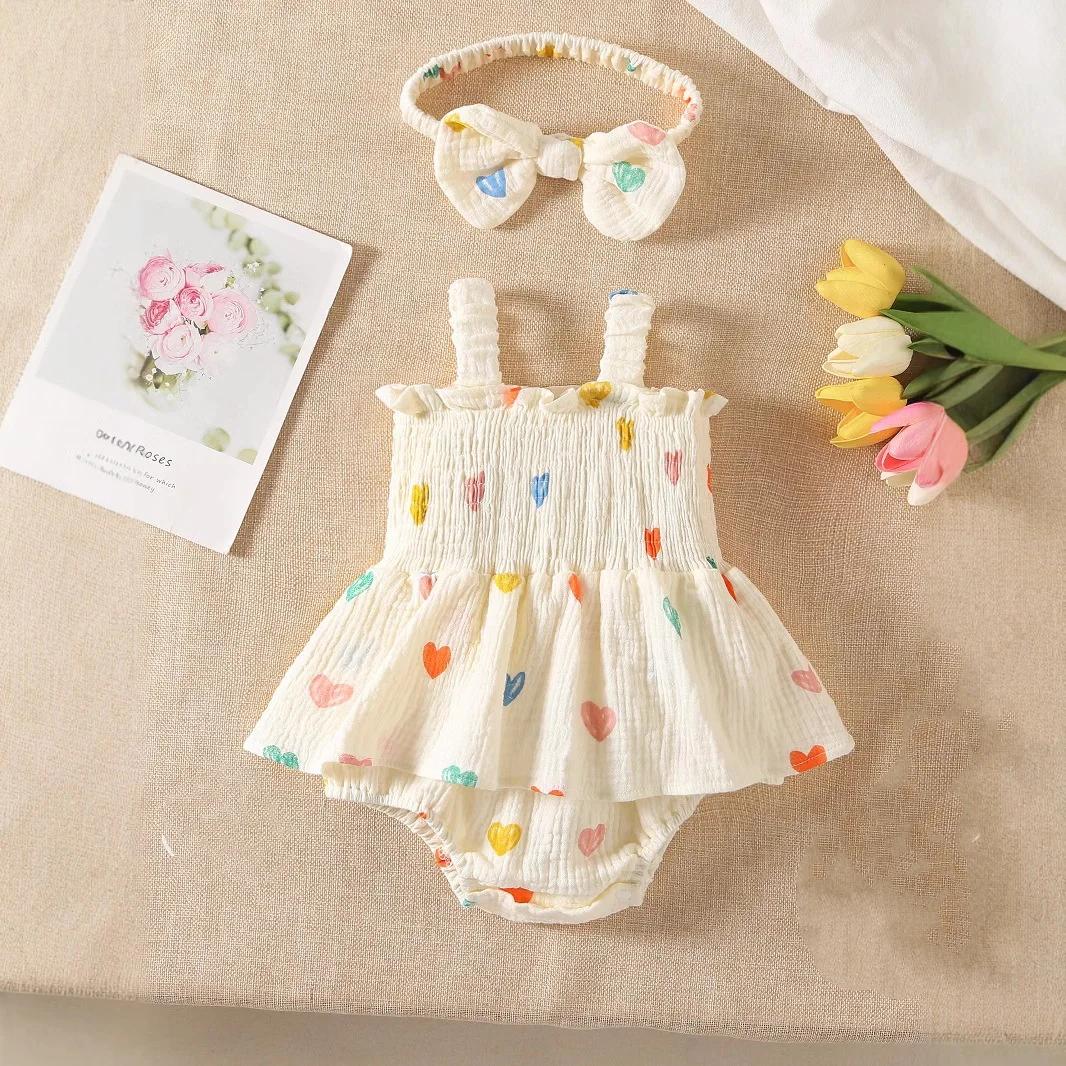 Ensemble de vêtements d'été pour nouveau-né fille 3M-2T, combinaison à imprimé cœur, body jaune pour