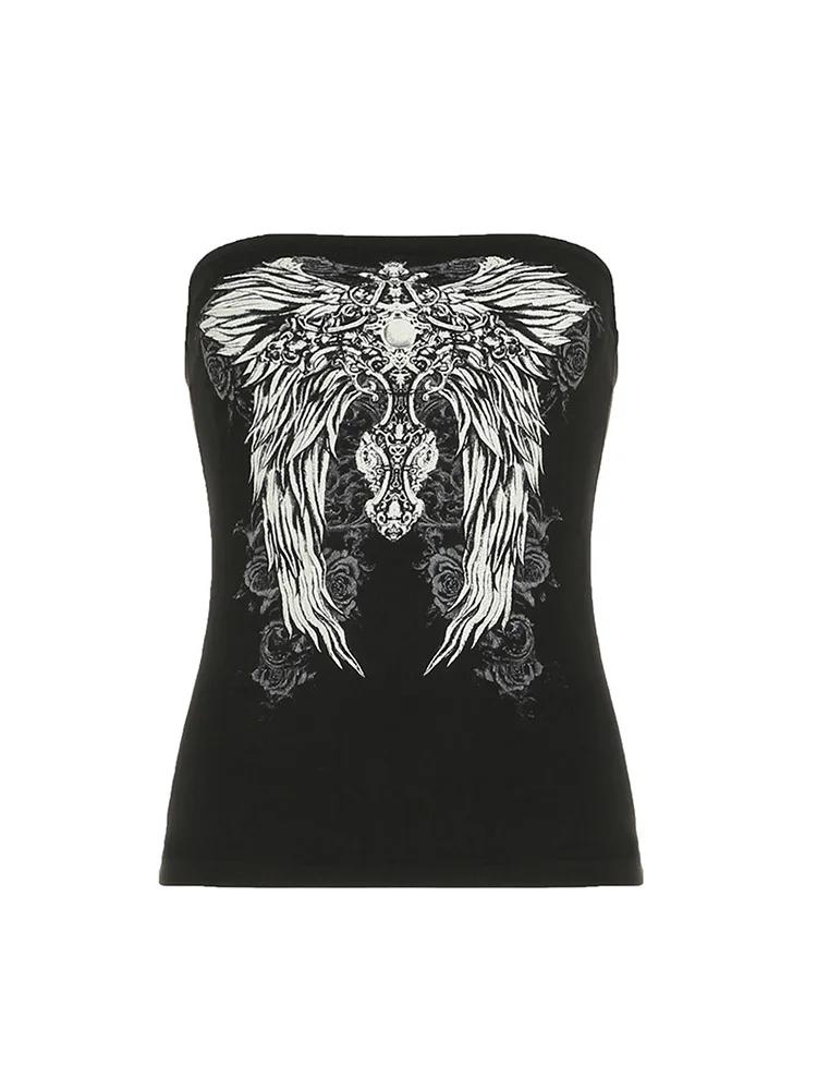 Haut tubulaire noir imprimé gothique pour femmes, sans bretelles, slim, court, décontracté, Chic, t-