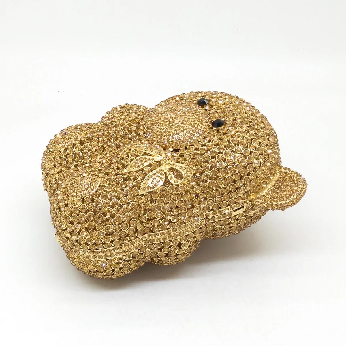 Boutique De FGG ours doré Teddy femmes or cristal soirée pochette strass Minaudiere sacs à main sac