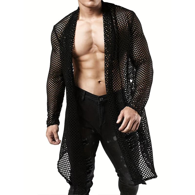 Hommes Sexy évider Long Cardigan grille chemises Streetwear mode Perspective à manches longues coule