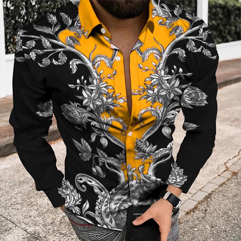 Chemise à manches longues à motif floral pour hommes, chemise imprimée en 3D, costume à revers, robe