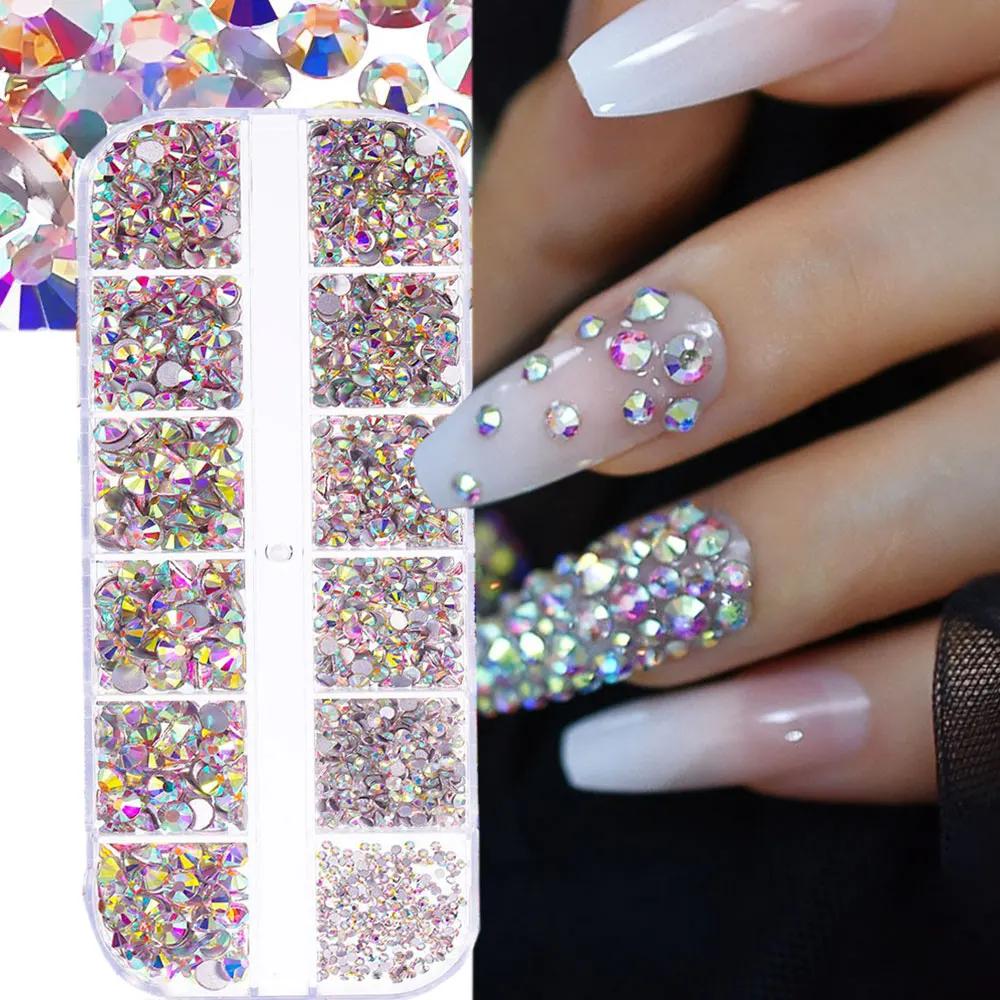 Strass pour ongles rouges, 12 grilles, 2/3/4/5mm, dos plat, cristal, diamant SS6/10/16/20/30, breloq