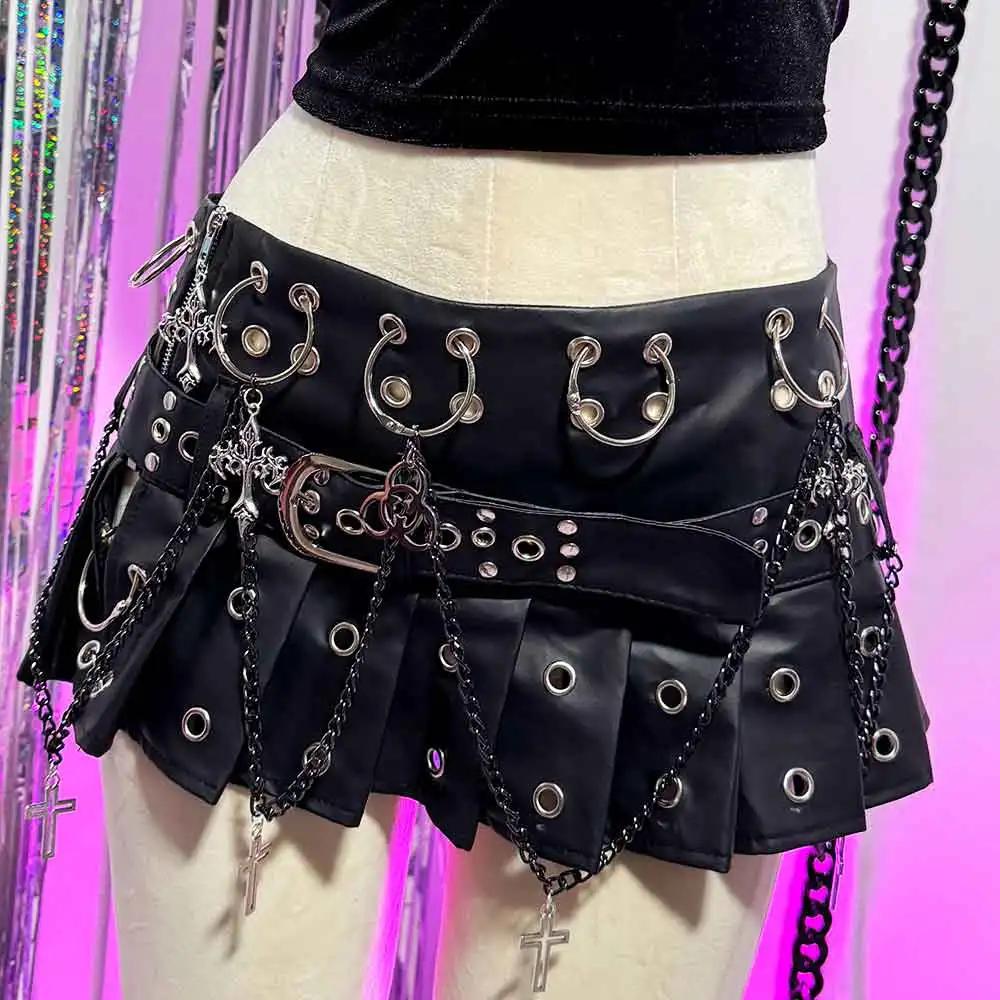 Mini-jupe gothique emo en cuir PU pour adolescentes, style grunge, punk rock, festival, rave, Y2K, v
