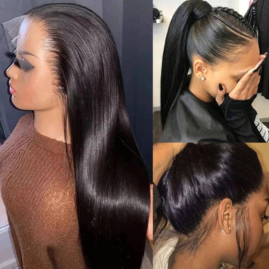 Sophia-Perruque brésilienne droite sans colle pour femmes noires, perruques avant en dentelle transp