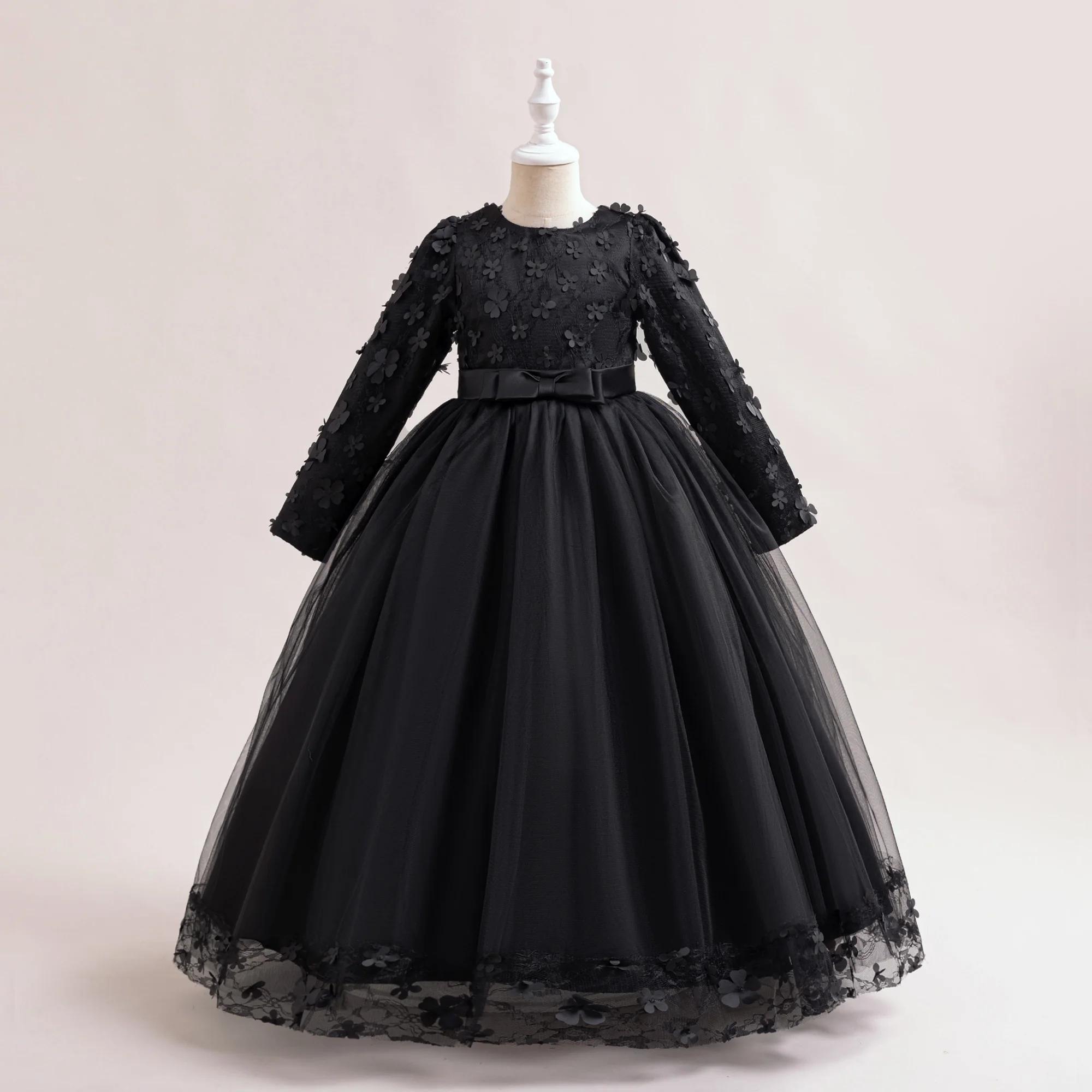 Robe de demoiselle d'honneur à manches longues pour filles, costume de Noël pour enfants, nœud en de