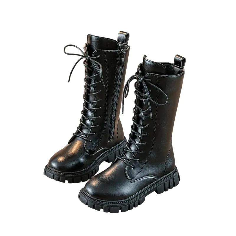Bottes mi-mollet en cuir blanc à lacets pour filles, avec fermeture éclair latérale, semelle souple,