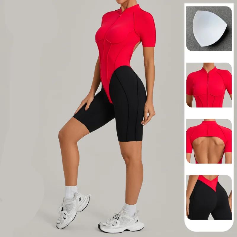 Combinaison de sport une pièce à fermeture éclair pour femme, dos en V, sans manches, dos nu, pour y