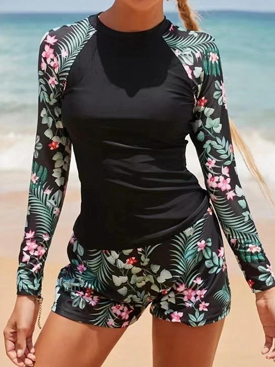 Maillot de bain surf manches longues 2026 femme - Imprimé deux pièces plongée plage
