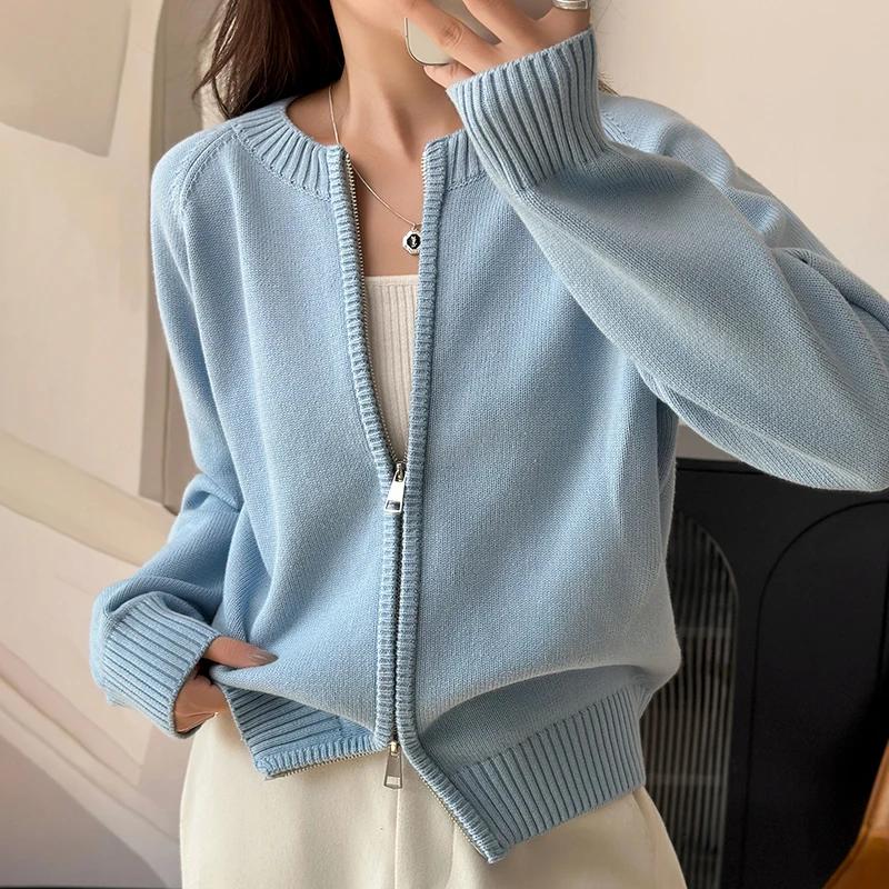 WinvyNee Vêtements pour femmes 100% coton uni col rond fermeture éclair ample doux épais manches lon