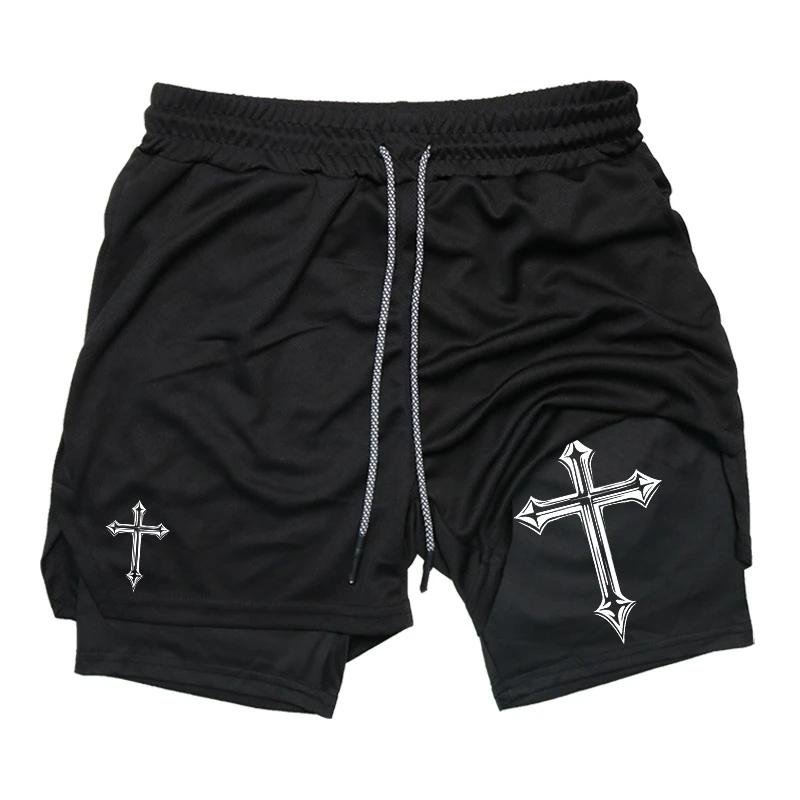 Short d'entraînement 2 en 1 homme - Imprimé croisé avec doublure compression, poche téléphone et boucle serviette