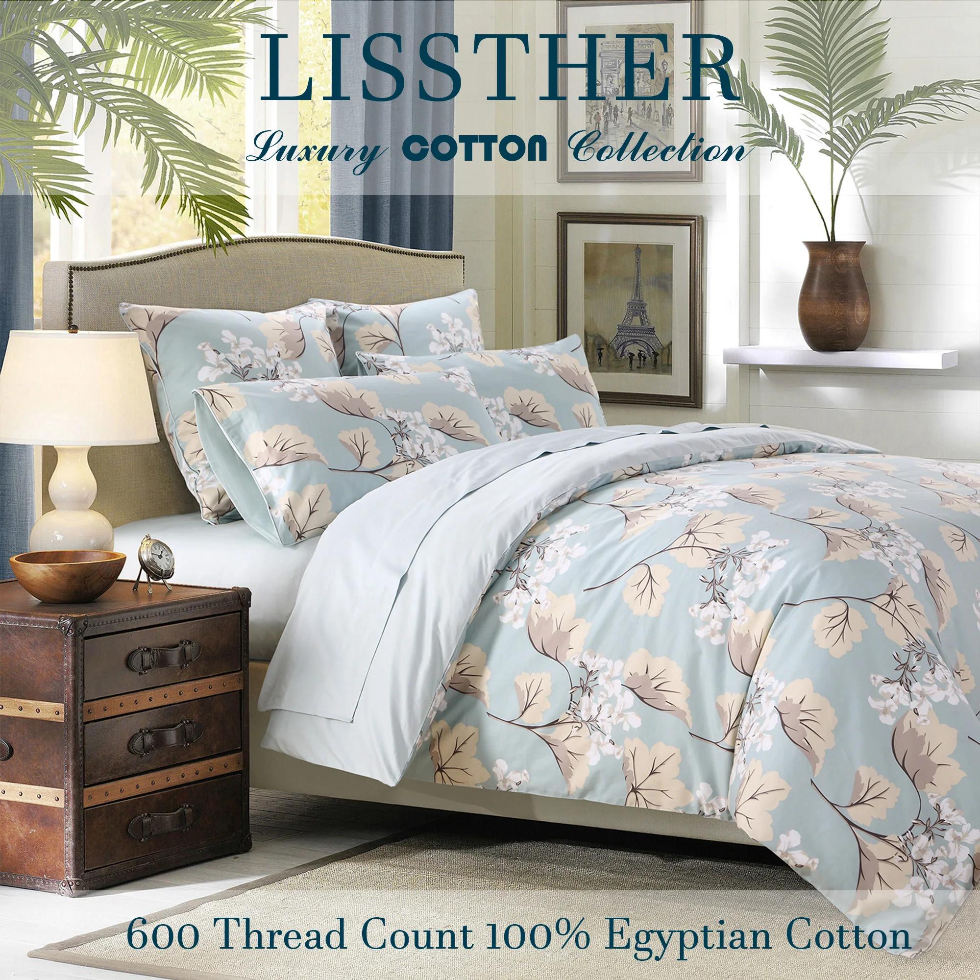 Ensemble de housse de couette 3 pièces 600TC 100% coton égyptien, feuilles de luxe bleues florales,