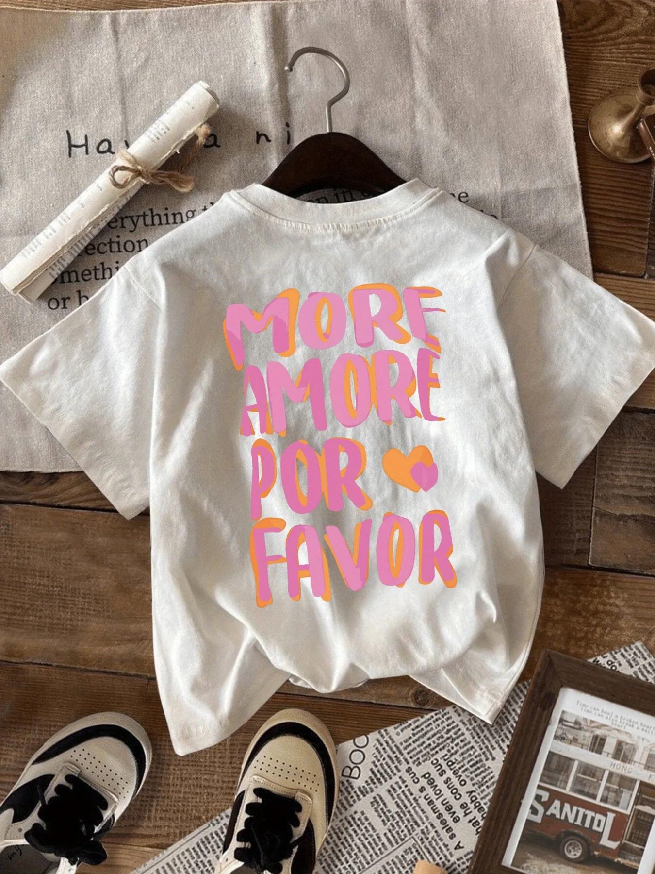 PLUS AMORE POR FAVOR T-Shirt manches courtes col rond femme imprimé rose avec coeurs Harajuku manche