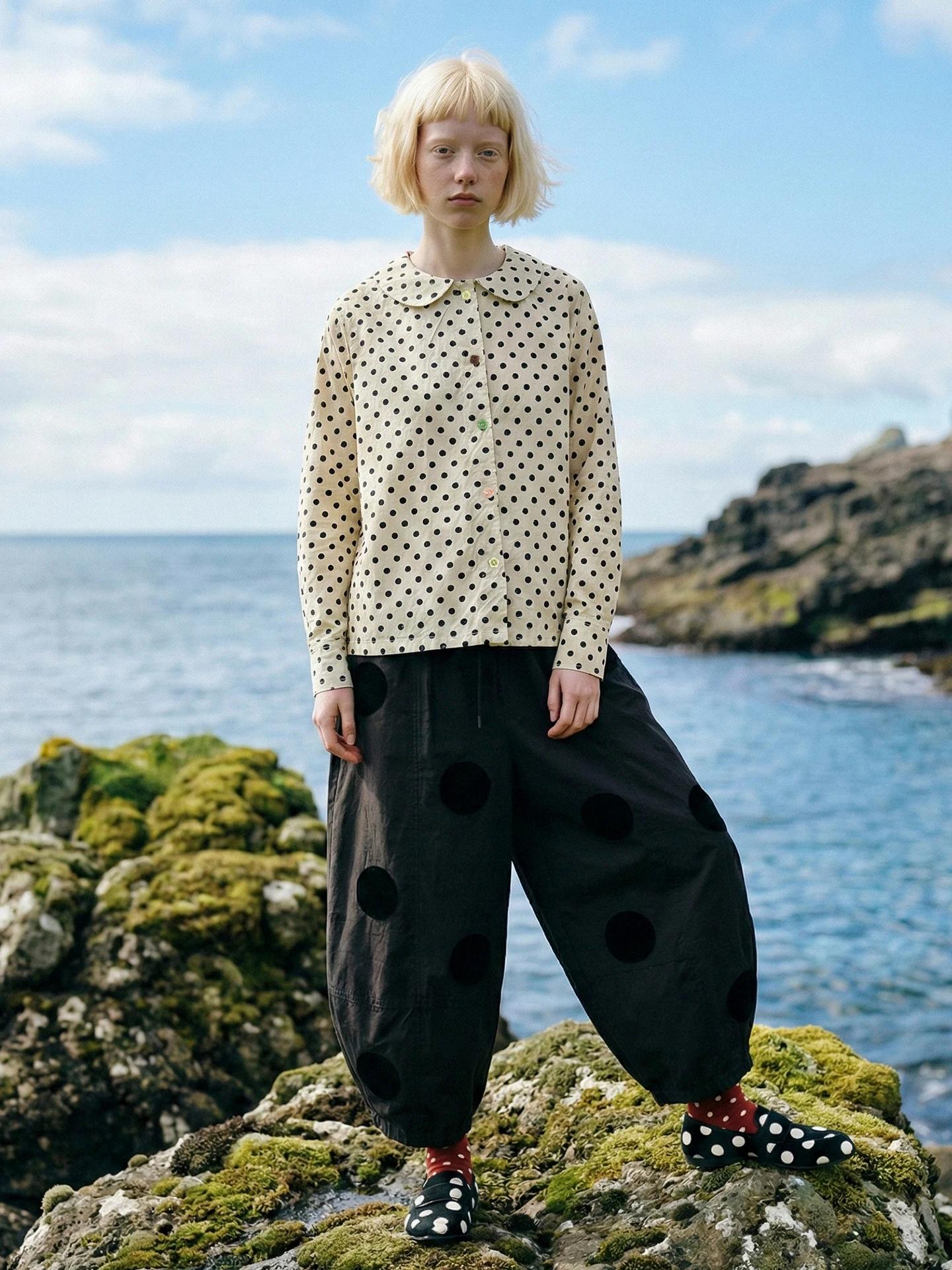 IMAKOKONI – chemise à pois avec col Peter Pan pour femme, chemisier à manches longues avec boutons s
