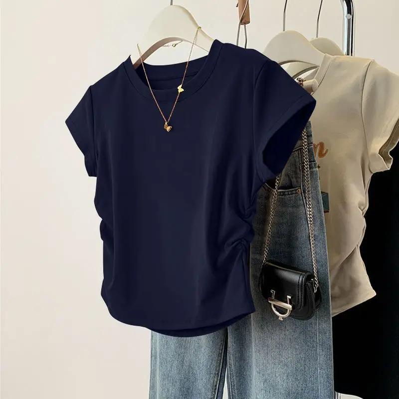 Haut d'été à manches courtes pour femmes, chemise de Base polyvalente, coupe cintrée, col rond, déco