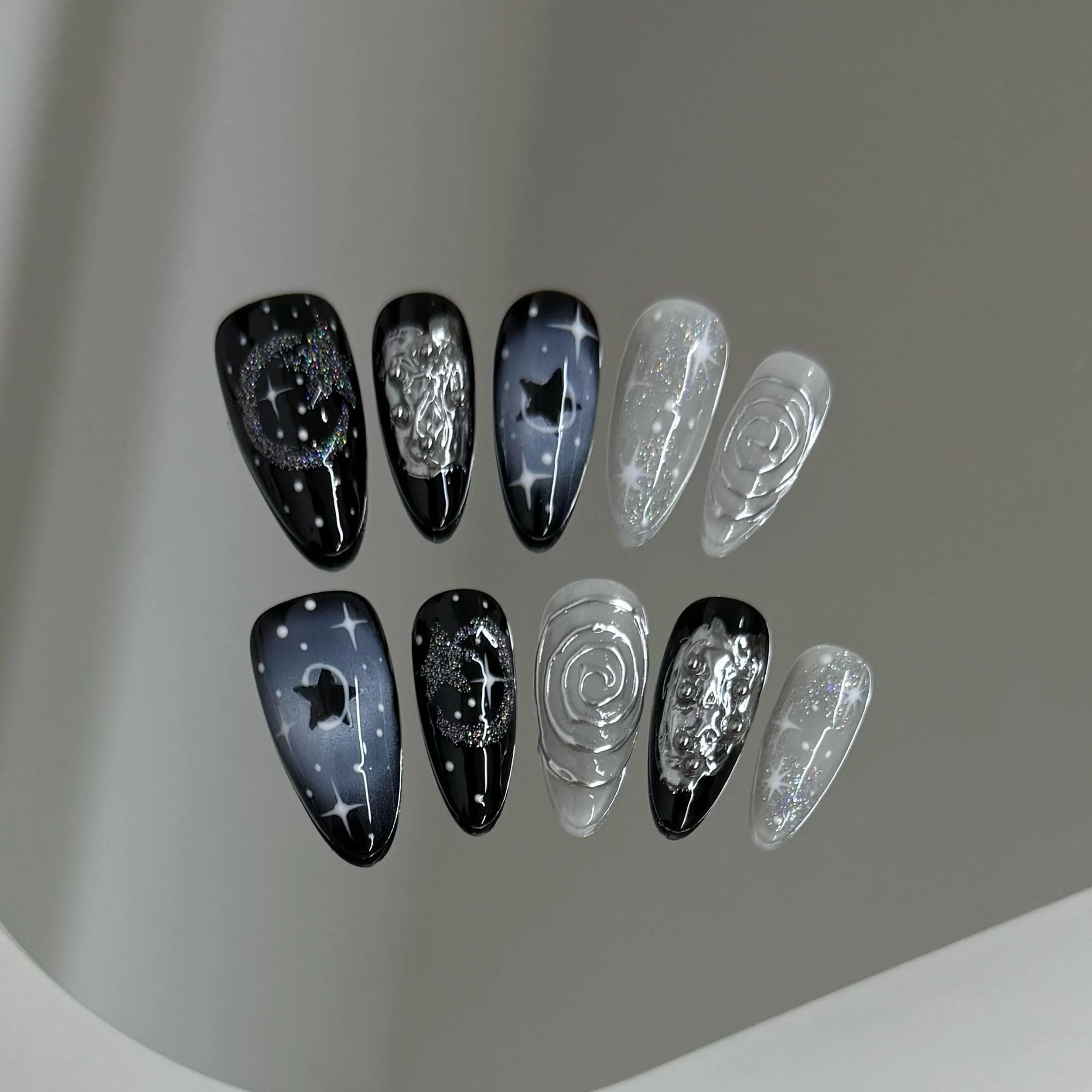 Faux ongles à pression faits à la main Y2k, ciel étoilé, amande, détachables, portables, doux et fra